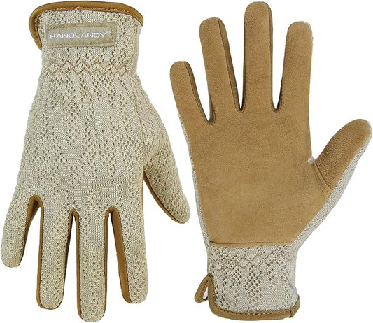 HANDLANDY Gardening Gloves for Women, Breathable Ladies Leather Garden Yard Gloves Best Gift for Gardeners