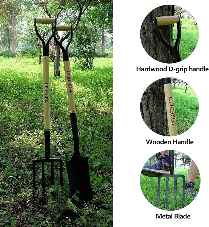 Garden Fork, 4-Tine Spading Digging Fork, Pitch Fork-45Inch, Forged Steel Y-Grip, Wood Handel-Red