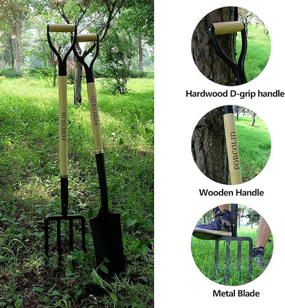 Garden Fork, 4-Tine Spading Digging Fork, Pitch Fork-45Inch, Forged Steel Y-Grip, Wood Handel-Red