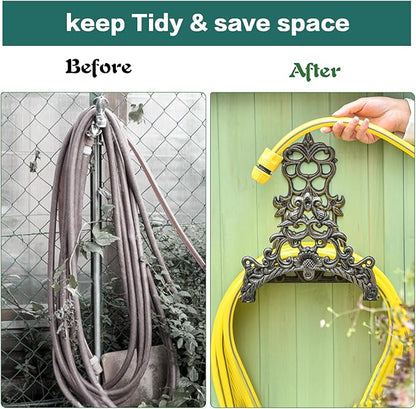 Sungmor Heavy Duty Cast Iron Garden Hose Holder - Wall Mounted Water Hose Hanger - Antique Emblem Decorative Hose Reel - Water Hose Rack Butler Storage - Two Installation Methods Wall Decor Holder