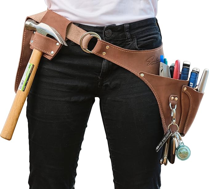 Leather Garden Tool Belt For Women- Florist Belt Holster, Utility Belt Apron for Gardening, DIY, Fits Up to 53", Gift Box Included (Left Handed Brown)