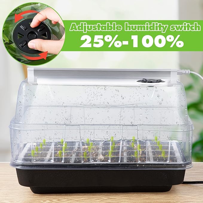 Saillong Seed Starter Tray with T8 Grow Light, Seedling Heat Tray with 15'' x 8.2'' Adjustable Height Humidity Domes, Plant Germination Propagation Kit for Planting Seeds, Mini Greenhouse Indoor