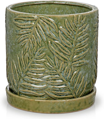 5.5 Inch Ceramic Planter Pots with Drainage Holes, Saucers for Indoor-Outdoor Plants, Succulent Orchid Flower Large Round Plant Pot Green