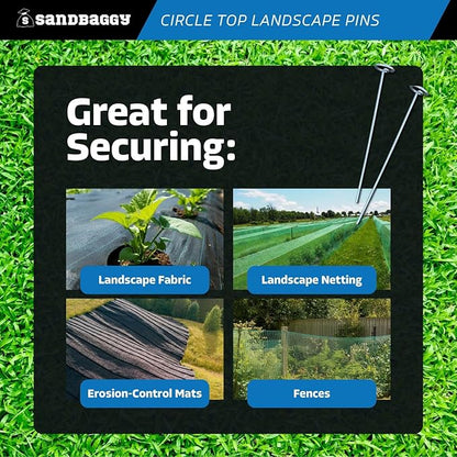 Sandbaggy 12-inch Circle Top Pins - Landscape Staples (Galvanized) - Garden Stakes for Landscaping, SOD - Heavy Duty Ground Stakes, Lawn Turf Spikes, Christmas Decorations, Weed Mats (300 Pins)