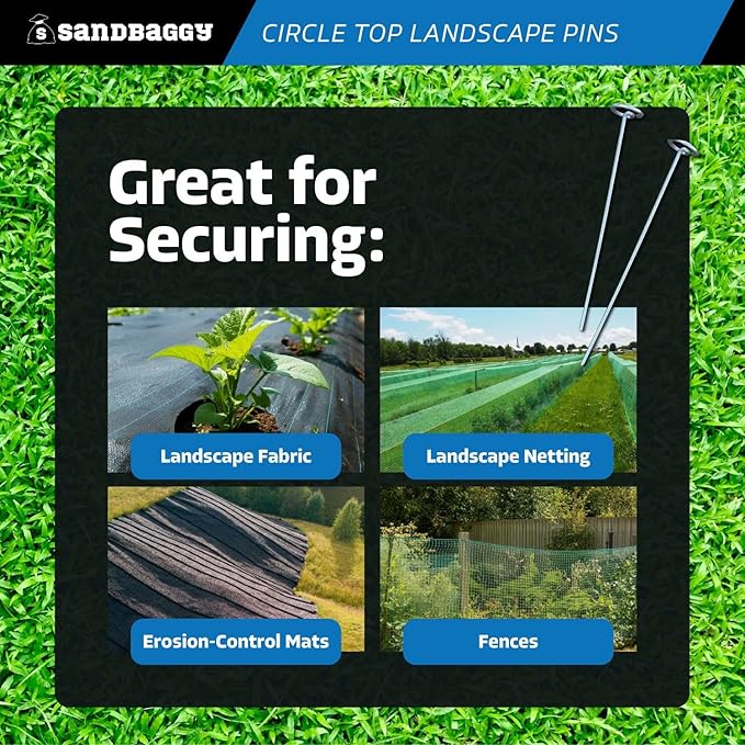 Sandbaggy 12-inch Circle Top Pins - Landscape Staples (Galvanized) - Garden Stakes for Landscaping, SOD - Heavy Duty Ground Stakes, Lawn Turf Spikes, Christmas Decorations, Weed Mats (1500 Pins)