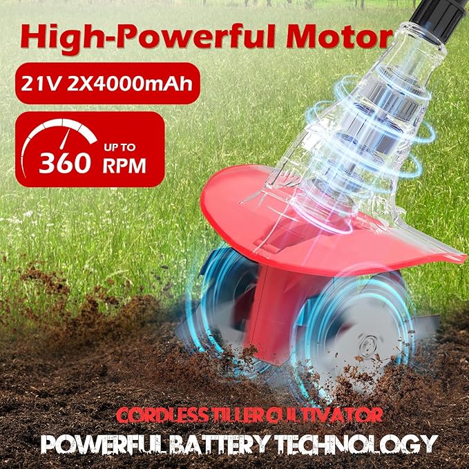 21V Cordless Electric Tiller for Gardening, 360 RPM Garden Tiller with 2×4.0AH Batteries & Charger, 9" Width, 6.3" Depth, Battery Powered Mini Cultivator, Portable Rototiller for Lawn Soil Cultivation