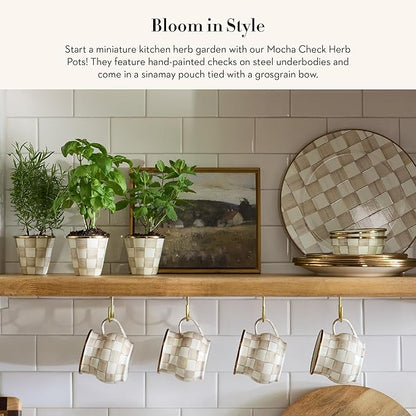 MACKENZIE-CHILDS Enamel Herb Pots, Small Plant Pots for Herbs or Flowers, Set of 3, Brown-and-White Mocha Check