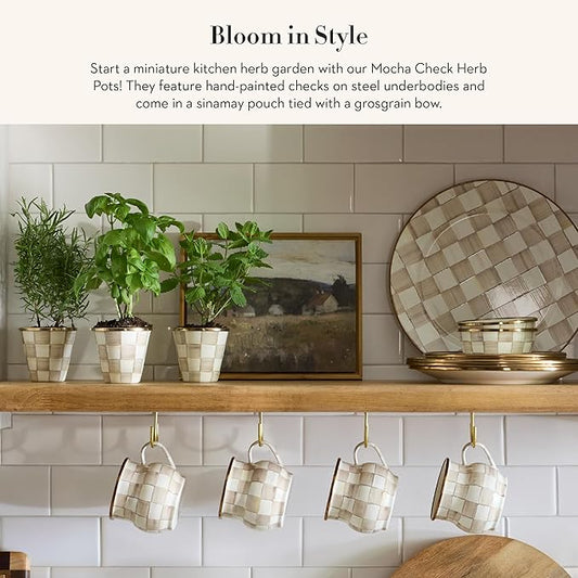 MACKENZIE-CHILDS Enamel Herb Pots, Small Plant Pots for Herbs or Flowers, Set of 3, Brown-and-White Mocha Check