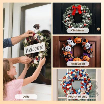 OUTXE Wreath Hanger for Front Door, Heavy Duty Suction Cup Reef Hook for Glass Window/Over Door/Outdoor, Christmas/Thanksgiving/Halloween/July 4th/Easter/Valentine/Fall/Summer/Spring (Walnut, 4-Pack)
