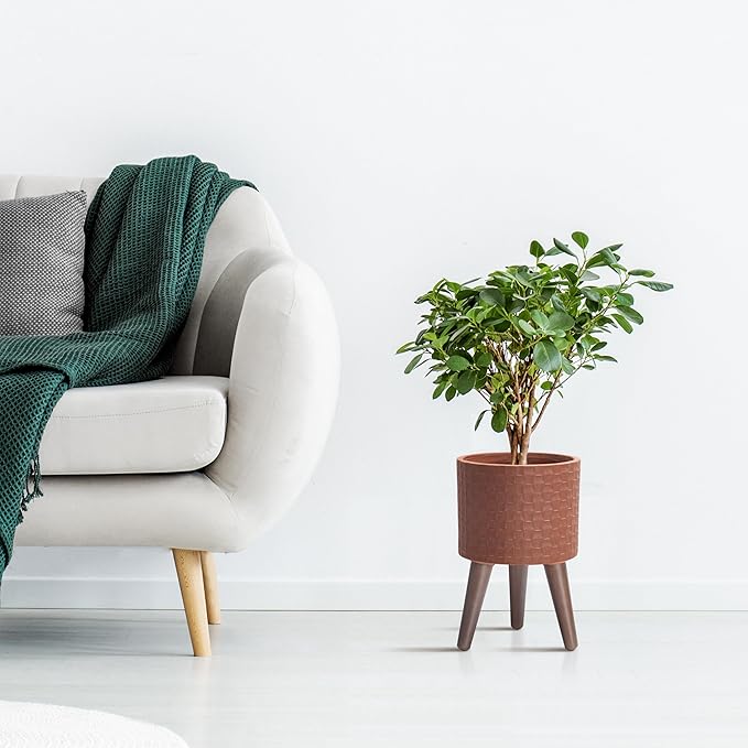 D'vine Dev 8 Inch Modern Geometric Tile Patterned Sleek Planter Pot with Stand, Indoor Outdoor Decorative Plant Holder, Terra Cotta, 88-Z-A-3