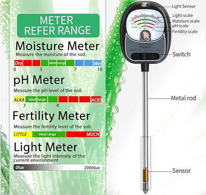 Soil Tester, Soil Moisture Meter/Soil pH Meter/Sun-Light/Fertility for Gardening, Large Dial Soil pH Tester Plant Water Meter for Indoor&Outdoor Garden,Farm Soil Test Kit-MatteBlack