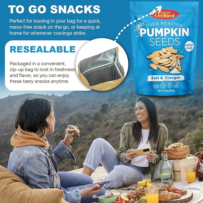 PREMIUM ORCHARD Flavored Pumpkin Seeds Oven Roasted | Salt and Vinegar| High Protein Snacks for Kids and Adults | Vegan Snack | Non GMO | KETO