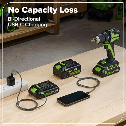GREENWORKS 24V 1/2" Brushless Cordless Drill (400 In-lbs.), 2.0Ah (12,000mAh Power Bank) USB-C Batteries, 3.3 FT Braided Cable, 30W Charger