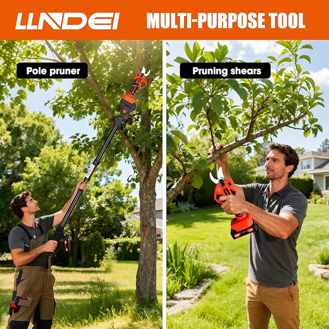 LLNDEI 2-in-1 Electric Pruning Shears Cordless, 1.6“ Cutting Diameter, Electric Tree Pruner with 13Ft Reach Extension Pole, 1000w Brushless Motor, Powered Pole Pruner for Tree Trimming.
