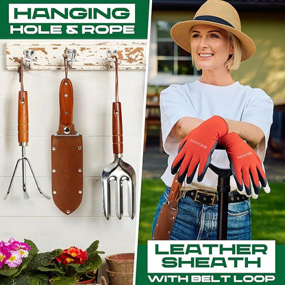 Hori Hori Garden Knife, Gardening Tools with Leather Sheath for Weeding, Gardening, Digging, 7” Stainless Steel Blade with Black Electrophoresis Coating, Double Cutting Edge, Full Tang Wood Handle with Hanging Hole