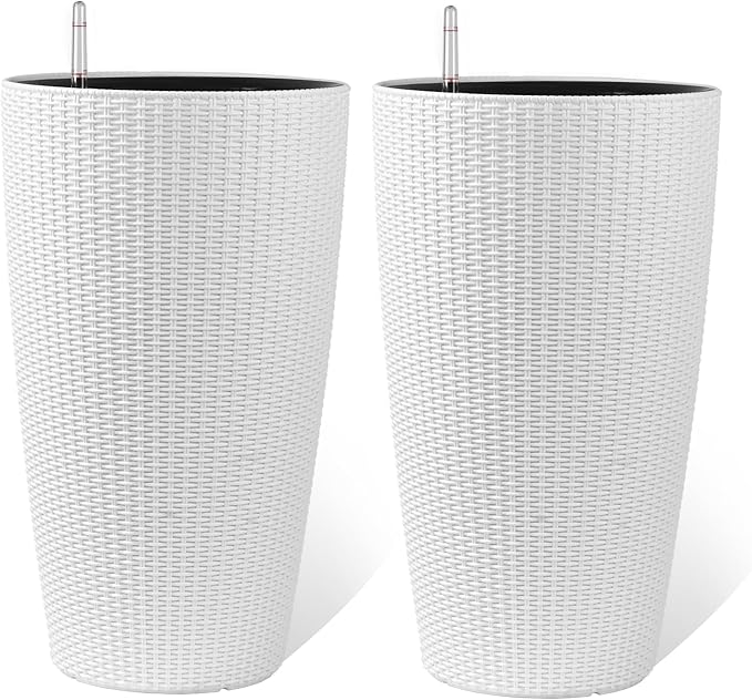 22" Tall Planter Set of 2, Large Self Watering Pots for Indoor/Outdoor Plants with Drain Holes, Water Level Monitor, Inner Bucket for Front Porch Patio, White Rattan Conical