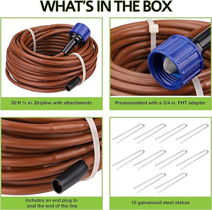 Raindrip R567DT Drip Irrigation Watering Kit for Vegetable Gardens Includes 50 feet of 1/4-Inch Dripline, 3/4-Inch FHT Adapter, 10 Hold-Down Stakes, 1 End Plug