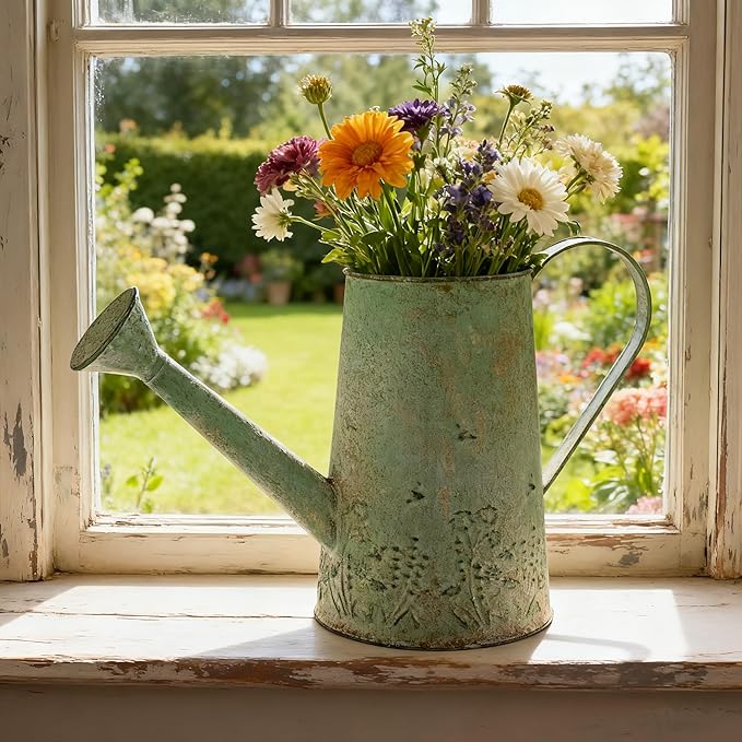 Vintage Green Metal Watering Can, Functional Garden Waterer with Floral Embossed for Indoor Outdoor Plant Care, Rustic Decor for Home Garden Patio