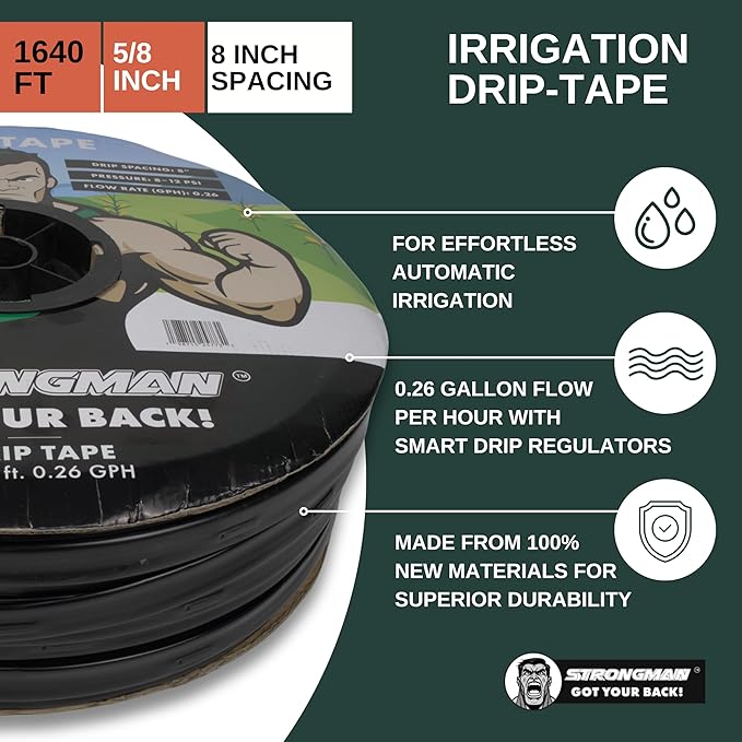 Strongman Premium Drip Irrigation | 1640 ft 5/8" Tape Roll | Smart Regulator | Garden Drip Watering System for Plants, Lawn, Greenhouse | 0.26 GPH | 0.4mm Thickness