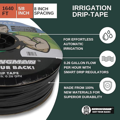 Strongman Premium Drip Irrigation | 1640 ft 5/8" Tape Roll | Smart Regulator | Garden Drip Watering System for Plants, Lawn, Greenhouse | 0.26 GPH | 0.4mm Thickness