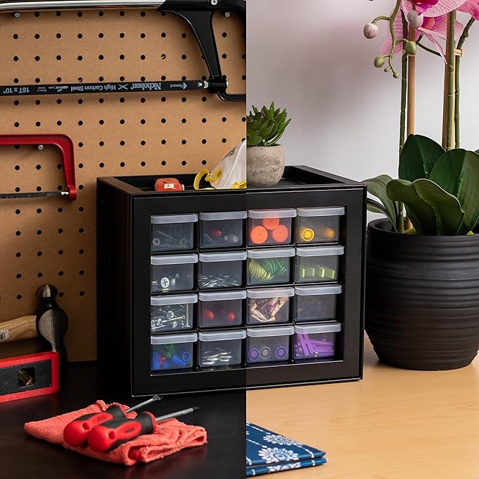 IRIS USA Small Plastic Drawer Organizer, 16-Drawer, Stackable Teacher Toolbox Crayon Small Parts Bead Building Bricks Screw Garage Desk Storage Cabinet, Drink and Water Flavor Packet Organizer, Black