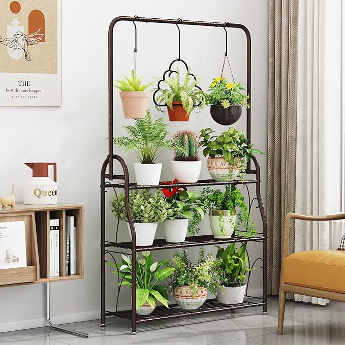 SORCEDAS Plant Stand Indoor Outdoor 3 Tier Tall Corner Hanging Shelf Metal Flower Stands Ladder Holder for Living Room Balcony Garden Patio Multiple Plants, Bronze