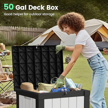 50 Gallon Storage Box, Waterproof Deck Box for Indoor & Outdoor Use, Lockable Pool Storage Bin for Package Delivery, Outdoor Bench for Patio Cushions, Garden Tools, Backyard, Black & White