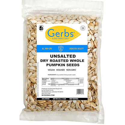 Pumpkin Seeds in-Shell (Whole) Roasted & Unsalted by Gerbs - 2 LBS Premium Grade AA Pepitas - Top 10 Food Allergen Free - Vegan & Kosher - Seed Country of Origin USA - Made in Rhode Island