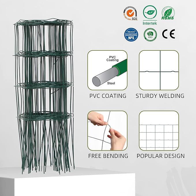 Decorative Garden Fence Border Rolls, Total 14 in x 40 ft 2 Pack Metal Folding Flat Wire Fencing for Yard, Green PVC Coated Outdoor Patio Landscape Flower Bed Edging