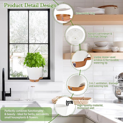 6 Inch Self Watering Pots for Indoor Plants (5-Pack) – Small Plastic Planters with Water Window, Drainage Holes & Trays, Indoor Outdoor Flower Pots for Herbs, Succulents, Home Garden Decor (White)