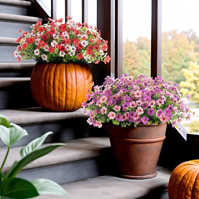 Artificial Silk Flowers Hanging Basket for Outdoor Indoor, Daisy with Eucalyptus Leaves Arrangement for Garden Yard Spring Decor, Faux Green Plant in Metal Coconut Lining Pot(Purple Pink)