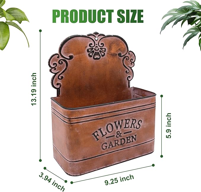 CVHOMEDECO. Farmhouse Metal Wall Planter Rustic Galvanized Flower Holder Wall Mount Flower pots for Indoor, Outdoor and Wall Decor, Set of 2 (Rusty)