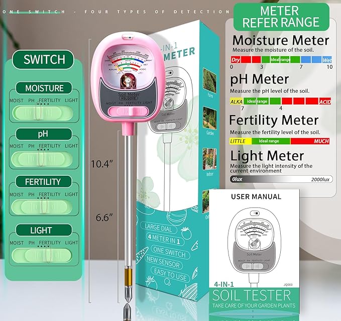 HSLGOVE 4-in-1 Soil Test Kit – Soil Moisture Meter, pH, Fertility & Sun-Light, No Battery Required, Large Dial Soil Tester for Indoor & Outdoor Gardening, Lawn, Farm – MilkPink