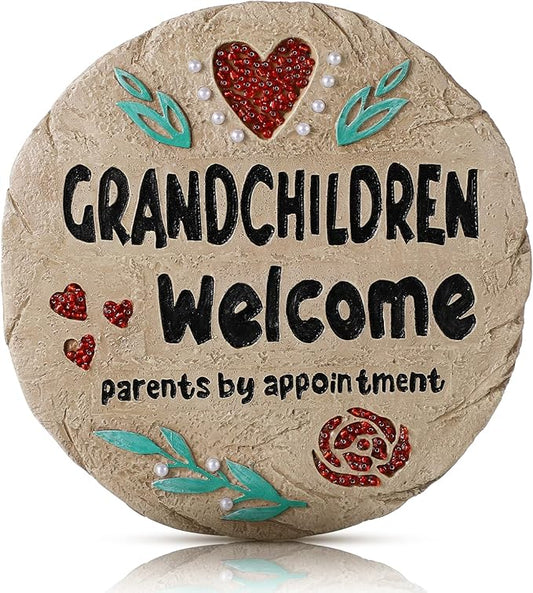 Grandchildren Welcome Stepping Stone - 10 Inch Resin Grandparents Gift, Spring Home Decoration for Lawn
