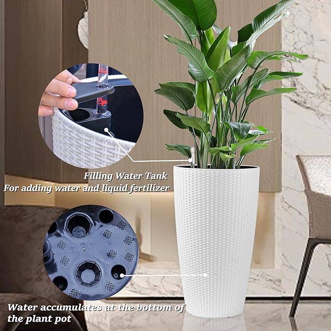 22" Tall Planter Set of 2, Large Self Watering Pots for Indoor/Outdoor Plants with Drain Holes, Water Level Monitor, Inner Bucket for Front Porch Patio, White Rattan Conical