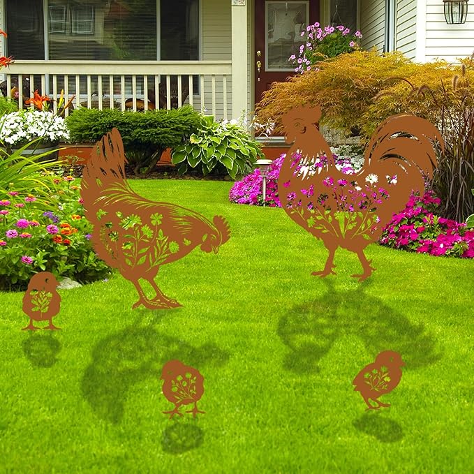 Chicken Metal Garden Stakes Yard Decor, 6PCS Black Chicken Silhouette Statues Garden Decor for Women Men Gifts, Metal Yard Stakes Gifts for Yard Art, Patio, Outside, Lawn Ornaments