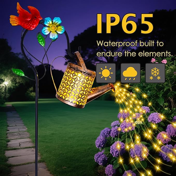 Solar Watering Can with Cascading Lights Outdoor Garden Decor, Cardinal Shaped Hook Gardening Gifts for Mom Women Grandma Birthday, Solar Lights for Garden Decorations Patio Yard Lawn Backyard