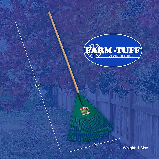 FARM-TUFF 24” Leaf & Lawn Rake with 48” Hardwood Handle - Extra-Wide, Durable Rake for Lawns, Gardens, and Yard Cleanup