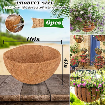 ZeeDix 6 PCS 10 Inch Coconut Liners for Planters, Round Hanging Basket Liners Natural Coco Coir Replacement Liner for Flowers Vegetables Patio Porch Garden Decor