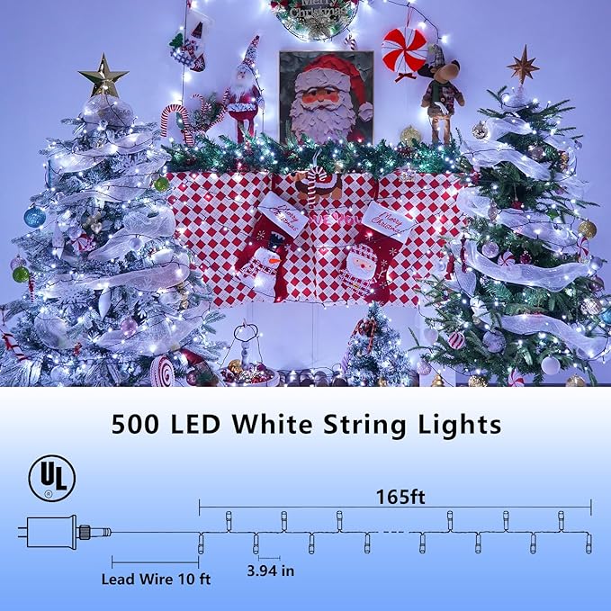 YEGUO 165ft 500 LED Christmas Lights Outdoor Waterproof, White String Lights Indoor, Green Wire Twinkle Tree Light Plug in with 8 Modes Timer Memory