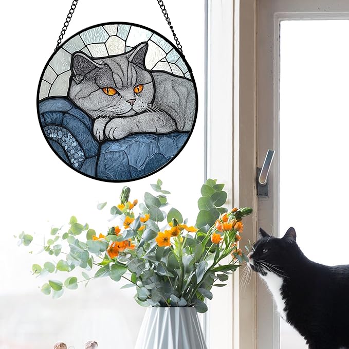 Stained Glass Window Hanging 4 Pcs Set Cute Cat 6.3" - Suncatcher Door Garden Sun Catcher Decor Birthday Mother's Day Christmas Comfort Gifts for Lost Pet Woman Nana Mom Men Friend
