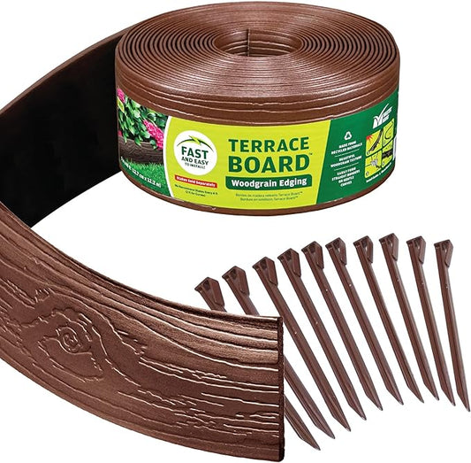MASTER MARK Terrace Board, Landscape Coiled Edging, Grass Barrier, Bender Board, Garden Borders (Brown) 4 in. x 40 ft. with 10 Stakes
