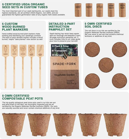 Organic Indoor Vegetable Garden Starter Kit - Made in USA - Certified USDA Organic - 5 Seed Types Cherry Tomato, Lettuce, Carrot, Radish, Green Bean | Indoor Plant Seeds, Indoor Garden Kit, Plant Kit