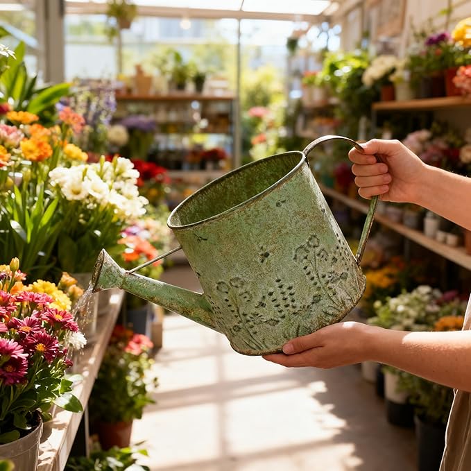 Vintage Metal Watering Can with Floral Embossed Design Garden Distressed Green Decorative Watering Pot Planter Rustic Farmhouse Waterer for Home Indoor Outdoor Garden Balcony Courtyard (Green)