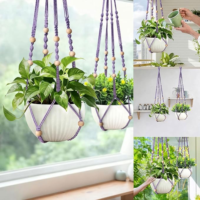 35 Inch Macrame Plant Hanger, Hanging Planter Basket with Wood Beads, Decorative Flower Pot Holder for Indoor Outdoor Boho Home Decor, Set of 2 (Purple)