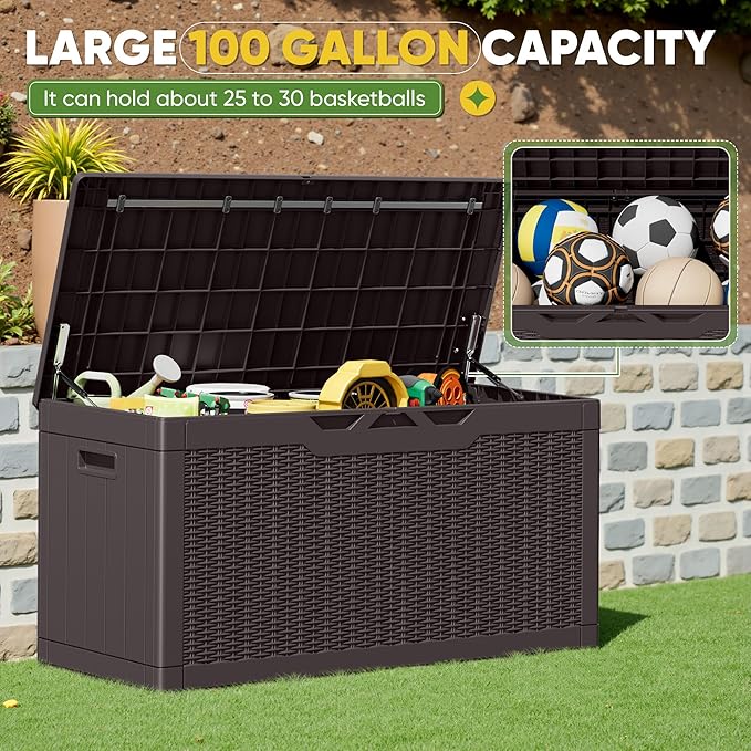Greesum Outdoor Storage Box 100 Gallon Storage Bin with Lid for Patio Furniture, Garden Tools, Pool Supplies, Lockable, Waterproof and UV Resistant, Dark Brown