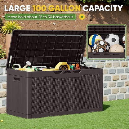 Greesum Outdoor Storage Box 100 Gallon Storage Bin with Lid for Patio Furniture, Garden Tools, Pool Supplies, Lockable, Waterproof and UV Resistant, Dark Brown