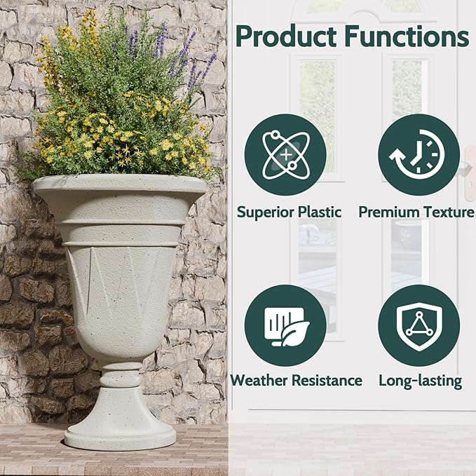 23.6" Tall Plastic Urn Planters for Outdoor Plants, Set of 2 Heavy-Duty Classic Indoor Large Flower Pots with Drainage Holes & Trophy Design, Outdoor Planters for Porch, Home Garden, White