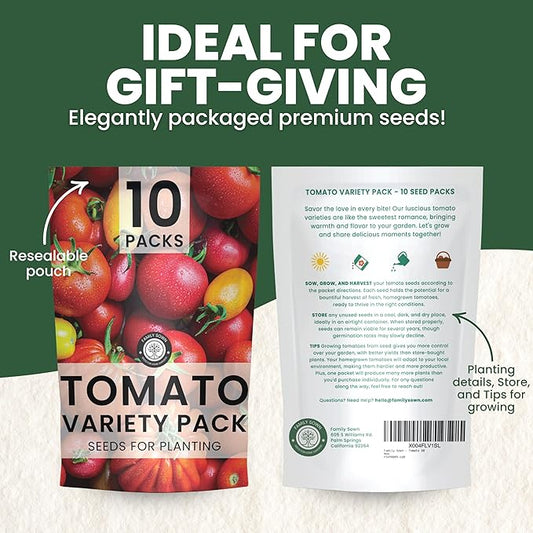 Tomato Seeds | 10 Invidiual Packs | 2025 Season | Non-GMO | Roma, Brandywine, Cherry & More! | for Planting Indoor & Outdoor | by Family Sown