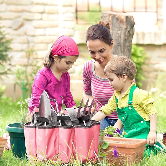 WORKPRO Garden Bag, Garden Tool Tote Storage Bag with 8 Pockets, Home Organizer for Outdoor Gardening Caddy, Garden Tool Kit Holder (Tools NOT Included), Garden Gifts, Pink Ribbon